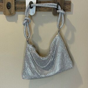 Silver Rhinestone Mini Knot Slouch Shoulder Bag